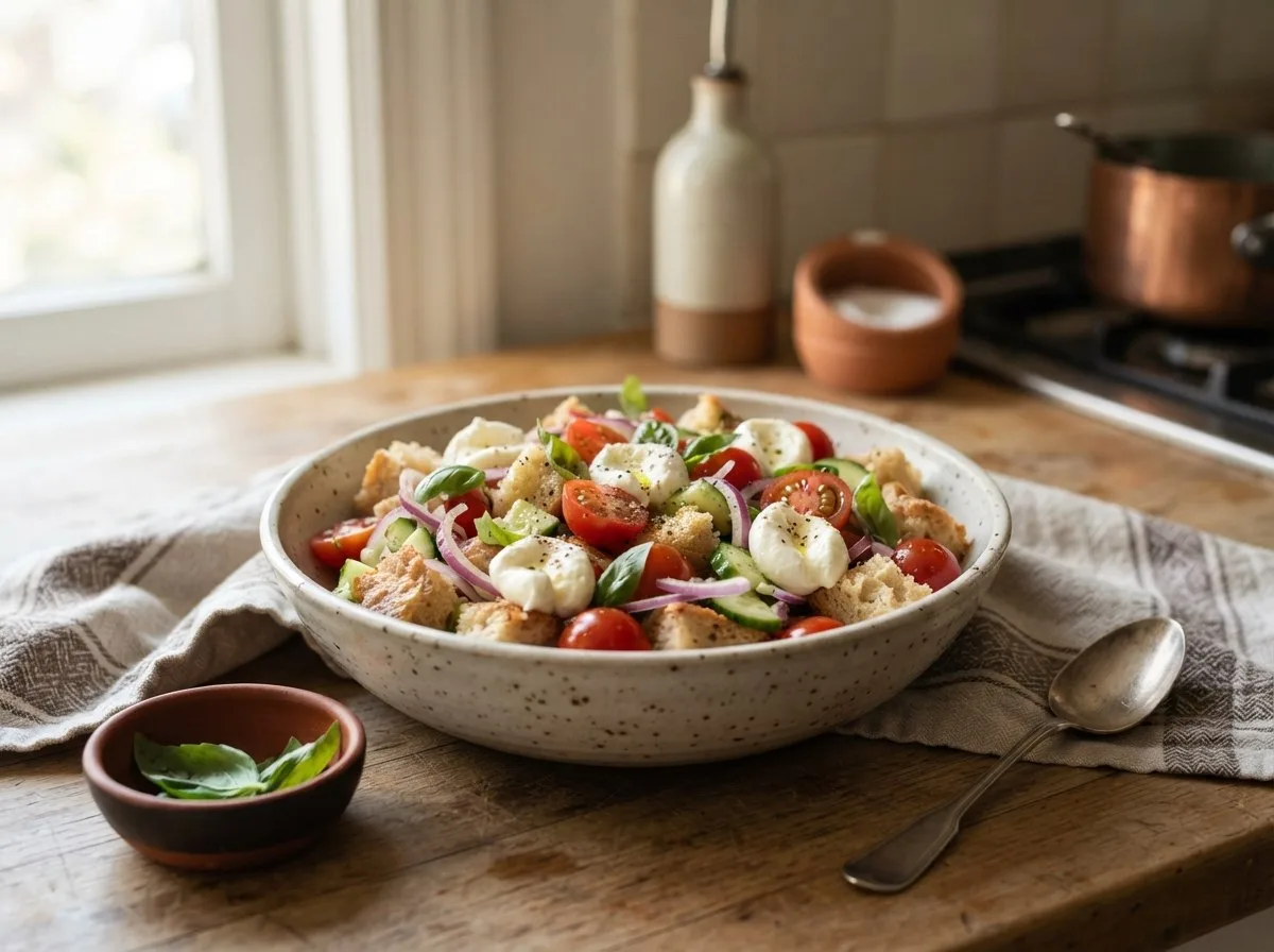 Insalatiera rustica contenente panzanella cosparsa di grossi tocchi di mozzarella bianca su letto di pomodori