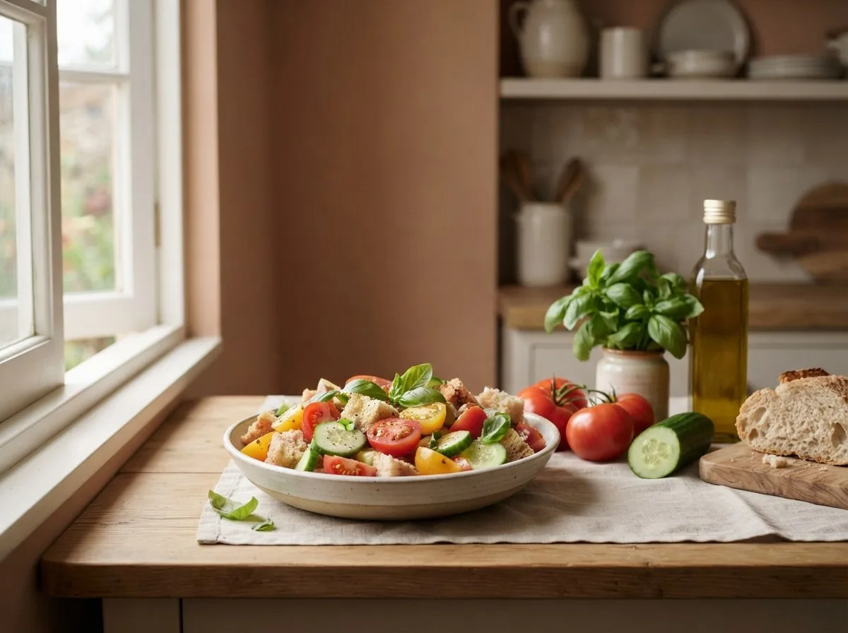 Semplice e sobria ciotola in ceramica con chiara insalata di pane mista a rosse costolature di pomodoro